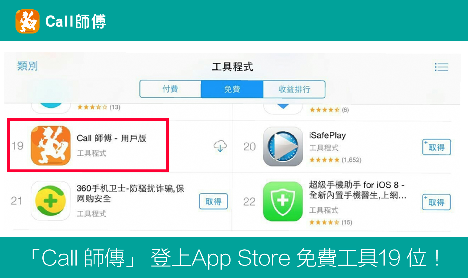 「Call 師傳」 登上App Store 免費工具19 位！